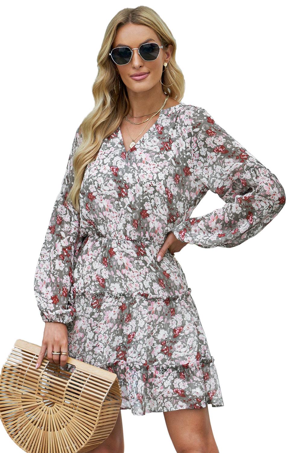 Multicolor V Neck Puff Sleeves Floral Tunic Dress - L & M Kee, LLC