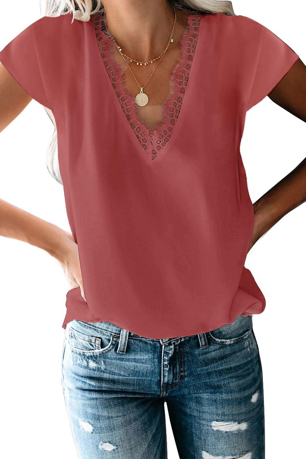 V Neck Lace Trim T-shirt - L & M Kee, LLC