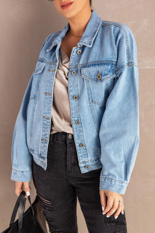 Acid Washed Pockets Buttoned Denim Jacket - L & M Kee, LLC