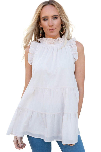 Frilled Collar Sleeveless Knotted Tiered Flowy Tank - L & M Kee, LLC