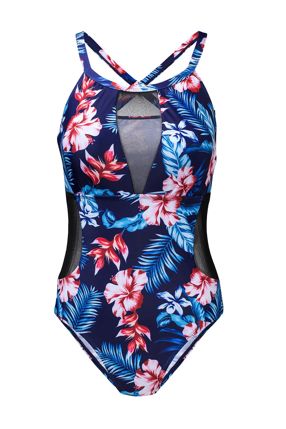 Floral Print Mesh Patchwork Criss Cross One-piece Swimsuit - L & M Kee, LLC