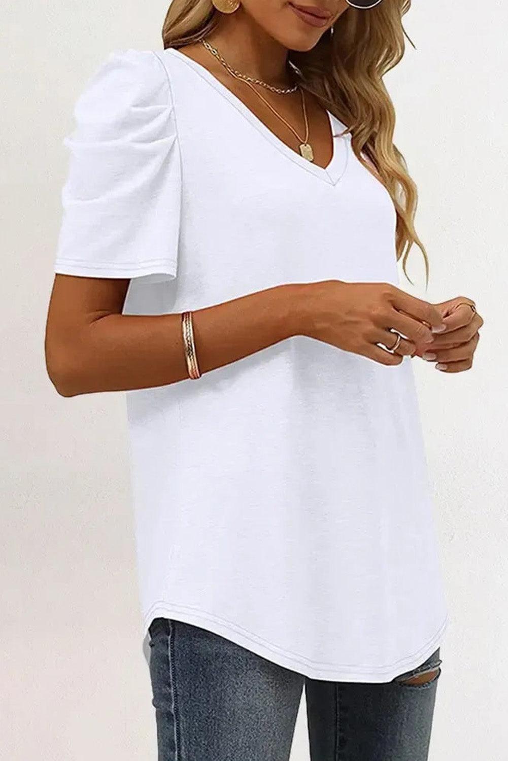 White Puff Sleeve V-Neck T-Shirt - L & M Kee, LLC