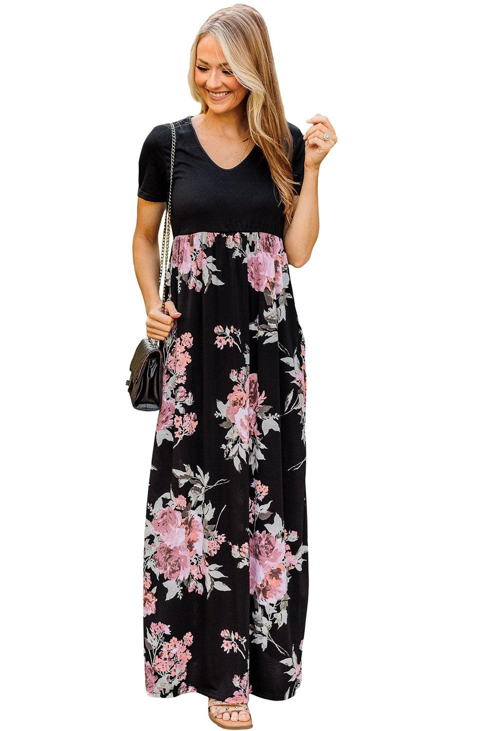 Contrast Floral Empire Waist Maxi Dress - L & M Kee, LLC