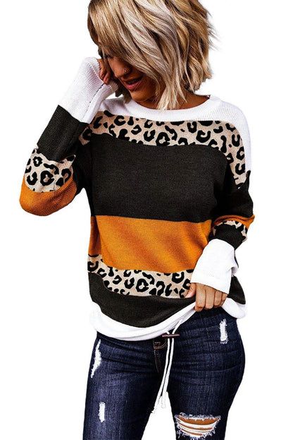 Crewneck Leopard Color Block Knit Pullover Sweater - L & M Kee, LLC