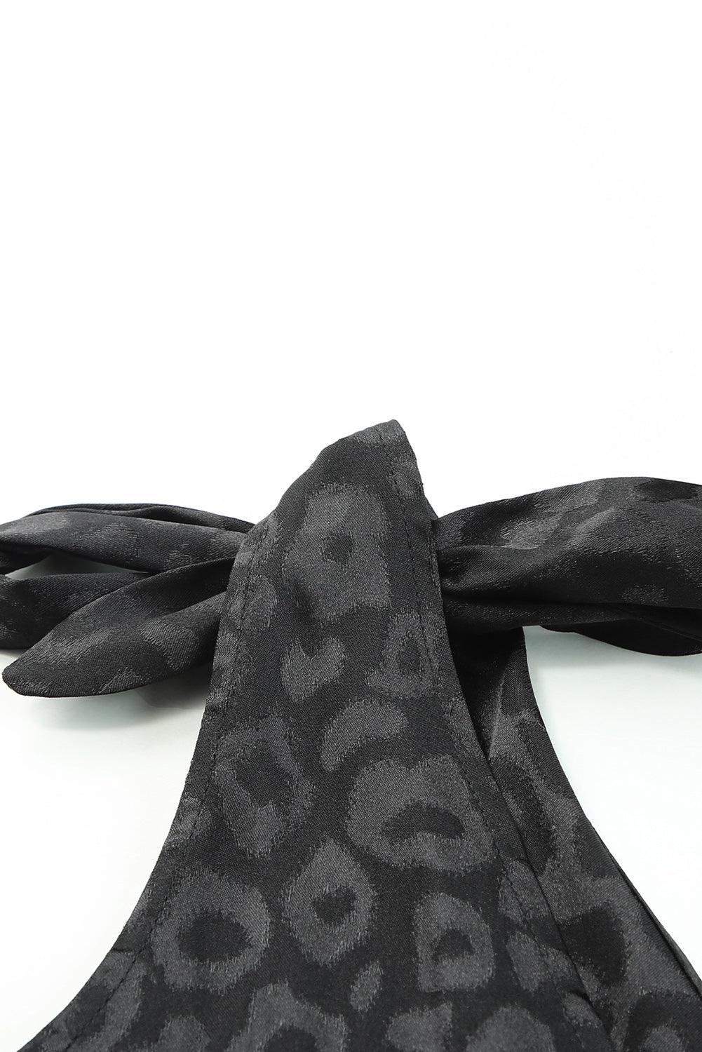 Satin Leopard Print Tie Shoulder V Neck Bodysuit