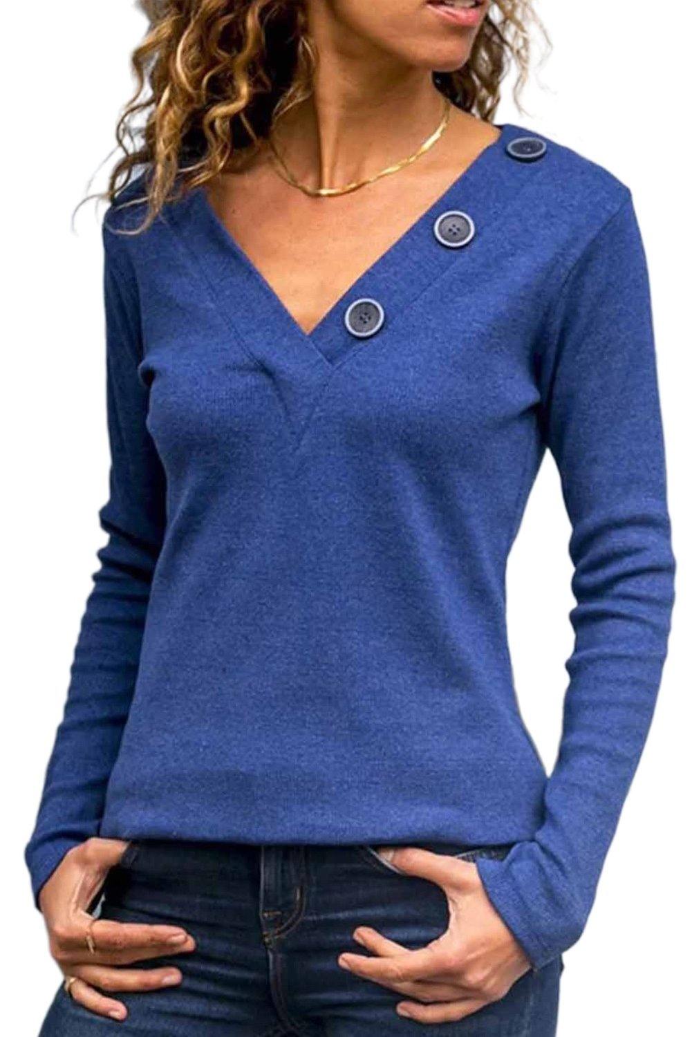 V-neck Button Solid Color Long Sleeve Top - L & M Kee, LLC
