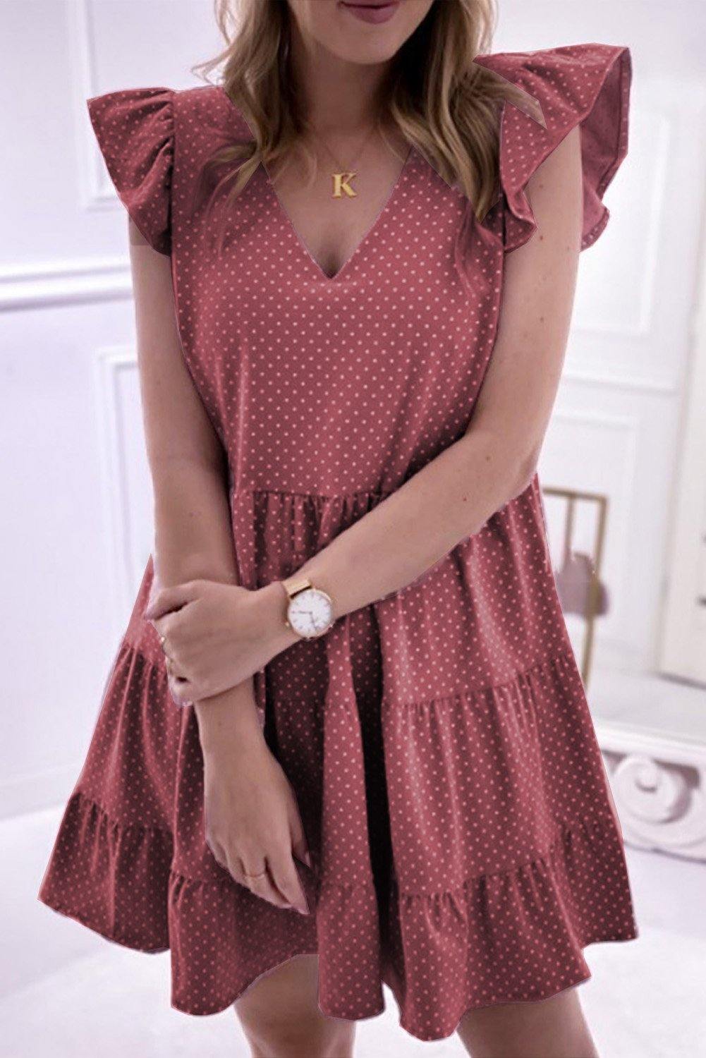 Swiss Dots V Neck Cap Sleeve Ruffle Mini Dress - L & M Kee, LLC