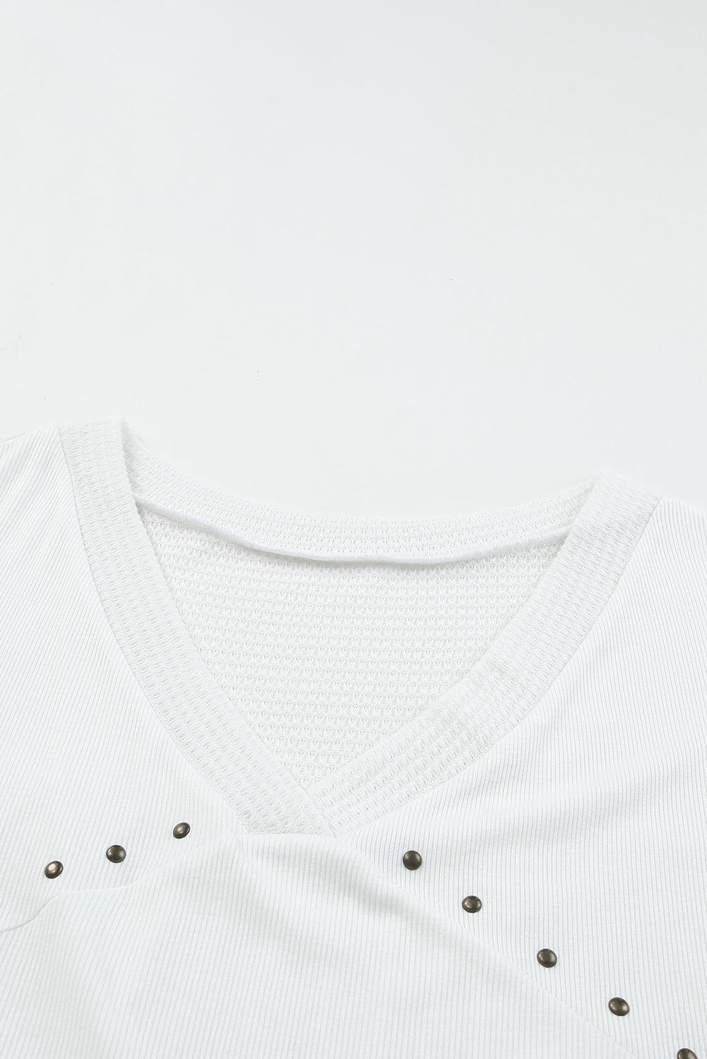 Contrast Knit Splicing V Neck Studded Blouse - L & M Kee, LLC