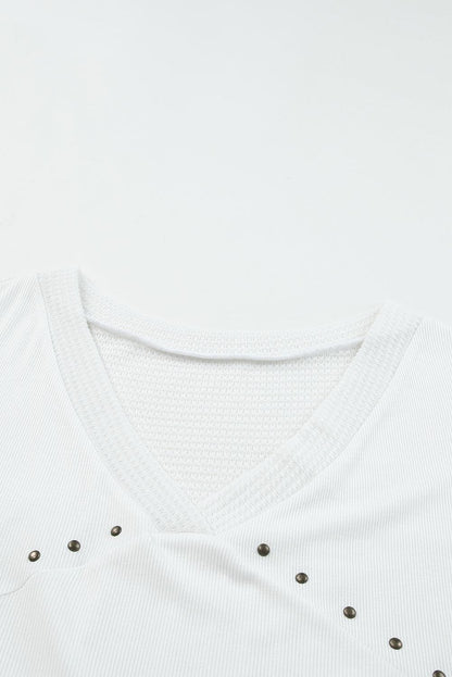 Contrast Knit Splicing V Neck Studded Blouse - L & M Kee, LLC