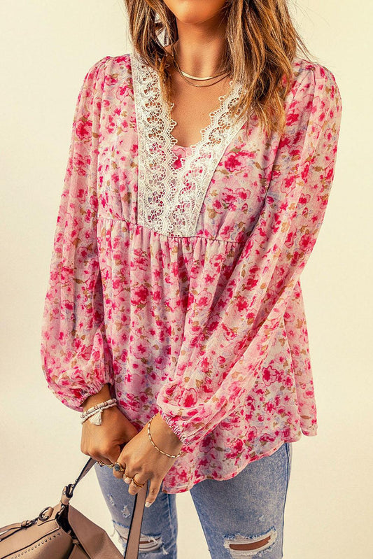 Floral Print Lace Patchwork V Neck Blouse - L & M Kee, LLC