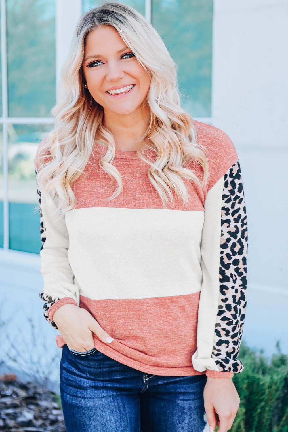 Leopard Color Block Knitted Long Sleeve Top - L & M Kee, LLC