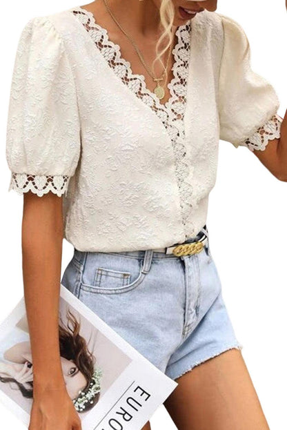 Lace Jacquard Short Sleeve V Neck Casual Shirt - L & M Kee, LLC