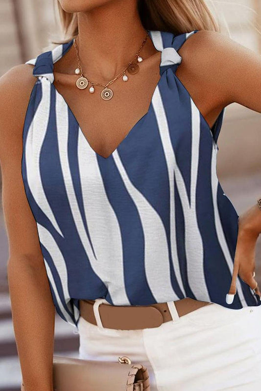 Abstract Striped V Neck Knotted Straps Tank Top - L & M Kee, LLC