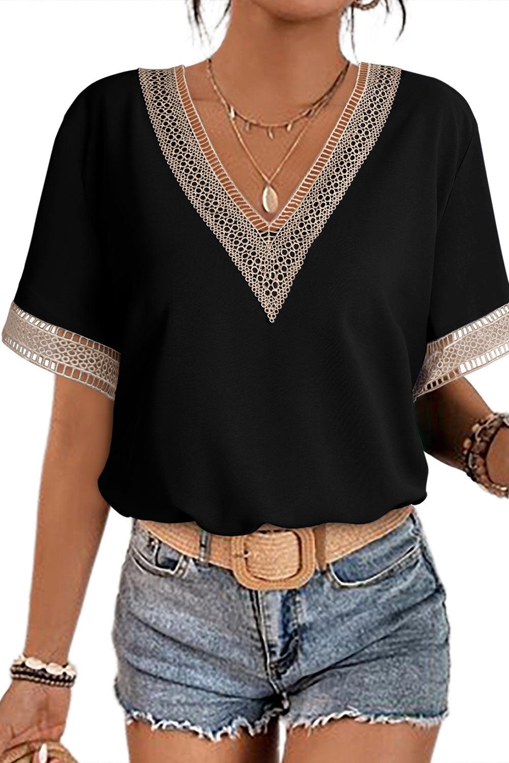 Lace Trim V Neck Short Sleeve Blouse - L & M Kee, LLC