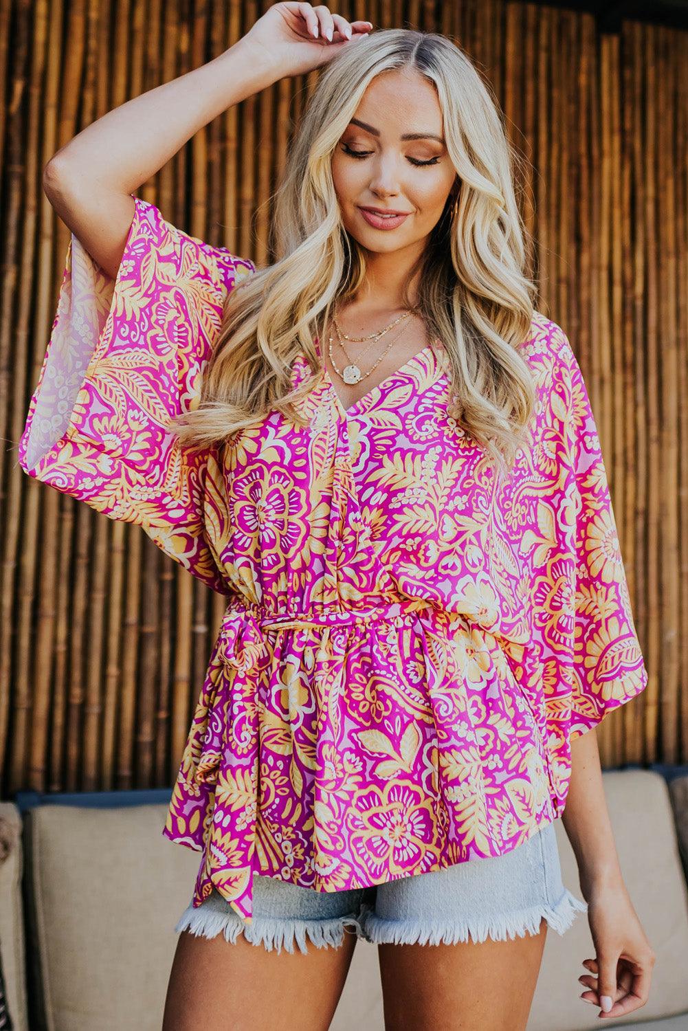 Boho Floral Print Belted Surplice Blouse - L & M Kee, LLC