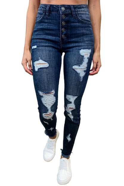 High Rise Multi Button Ripped Jeans - L & M Kee, LLC