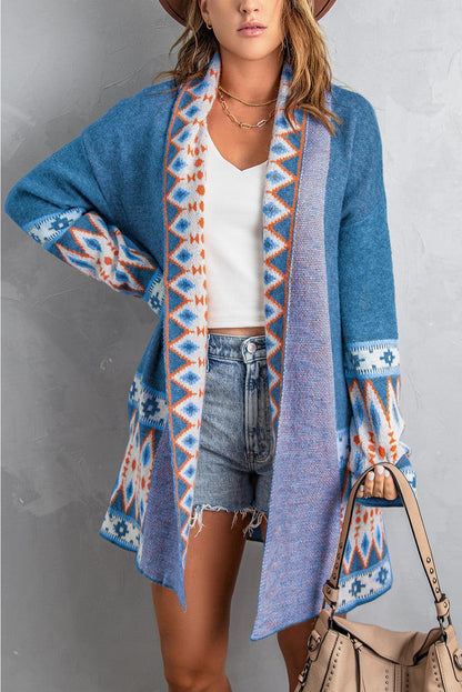 Aztec Print Open Front Knitted Cardigan - L & M Kee, LLC