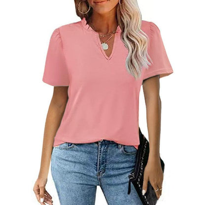 Popular Edge V-Neck Pleated Casual Short Sleeve Shirt - L & M Kee, LLC