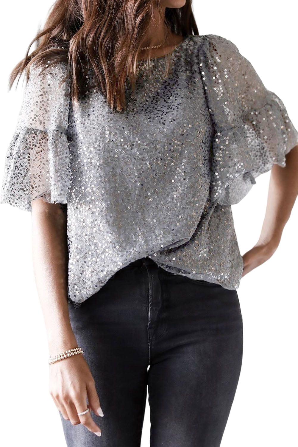 Ruffled Sleeves Sequin Blouse - L & M Kee, LLC