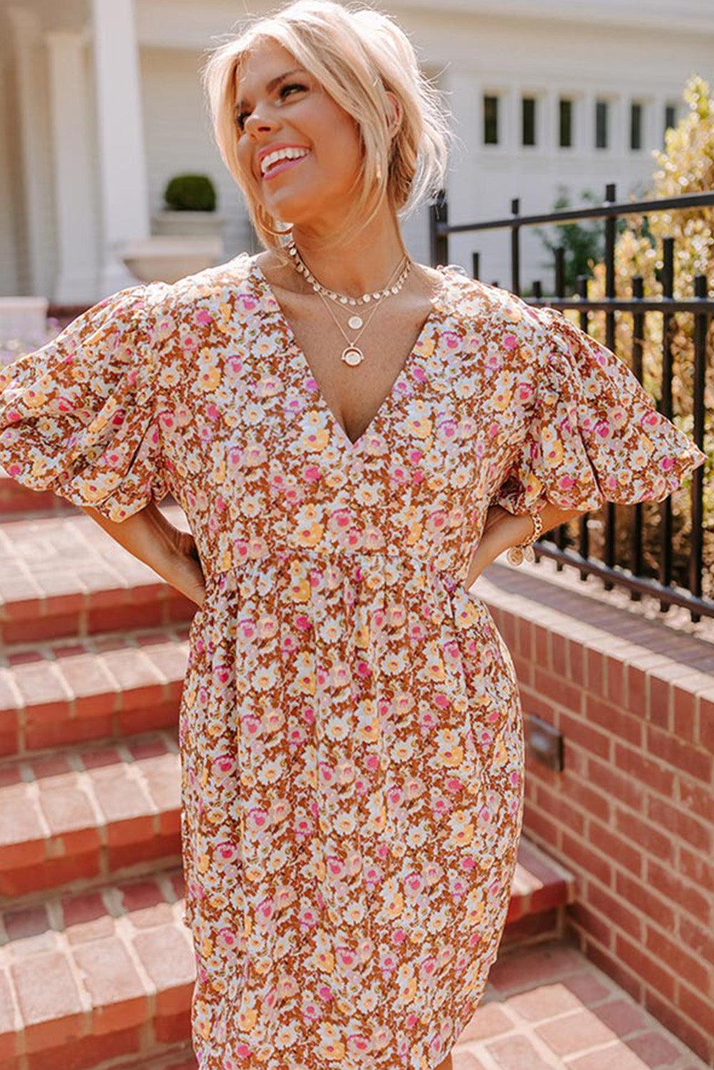 Multicolor Plus Size Floral Print Puff Sleeves Dress - L & M Kee, LLC