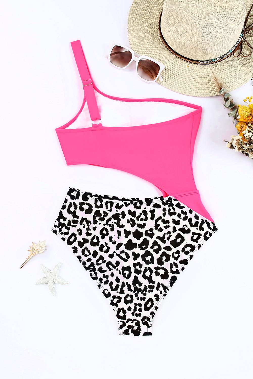 Leopard Patchwork Asymmetric Cutout One Piece Swimsuit - L & M Kee, LLC