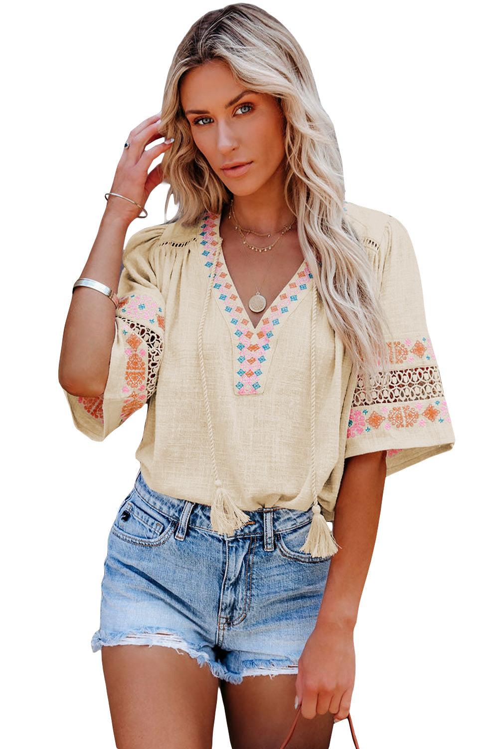 Beige Tassel Drawstring Embroidered Half Sleeve V Neck Top - L & M Kee, LLC