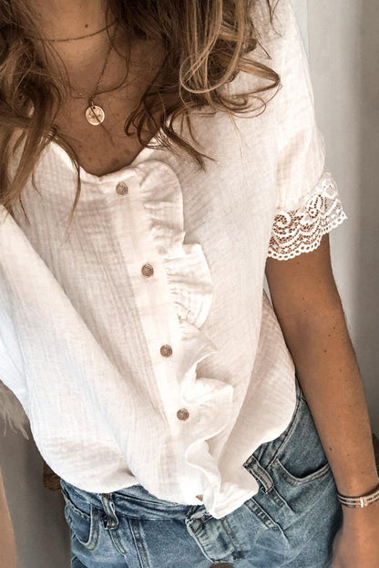 Ruffles Button Short Sleeve Shirt with Lace Detail - L & M Kee, LLC