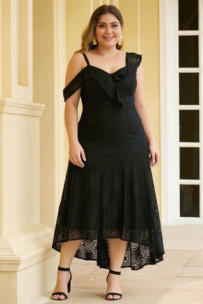 Asymmetric Ruffle Shoulder Design Plus Size Lace Dress - L & M Kee, LLC