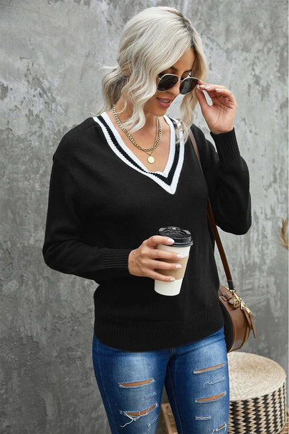 Deep V Contrasted Neckline Knitted Sweater - L & M Kee, LLC
