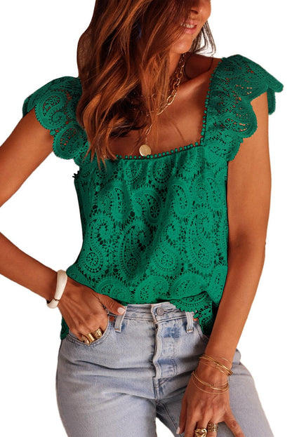 Lace Crochet Ruffled Square Neck Tank Top - L & M Kee, LLC