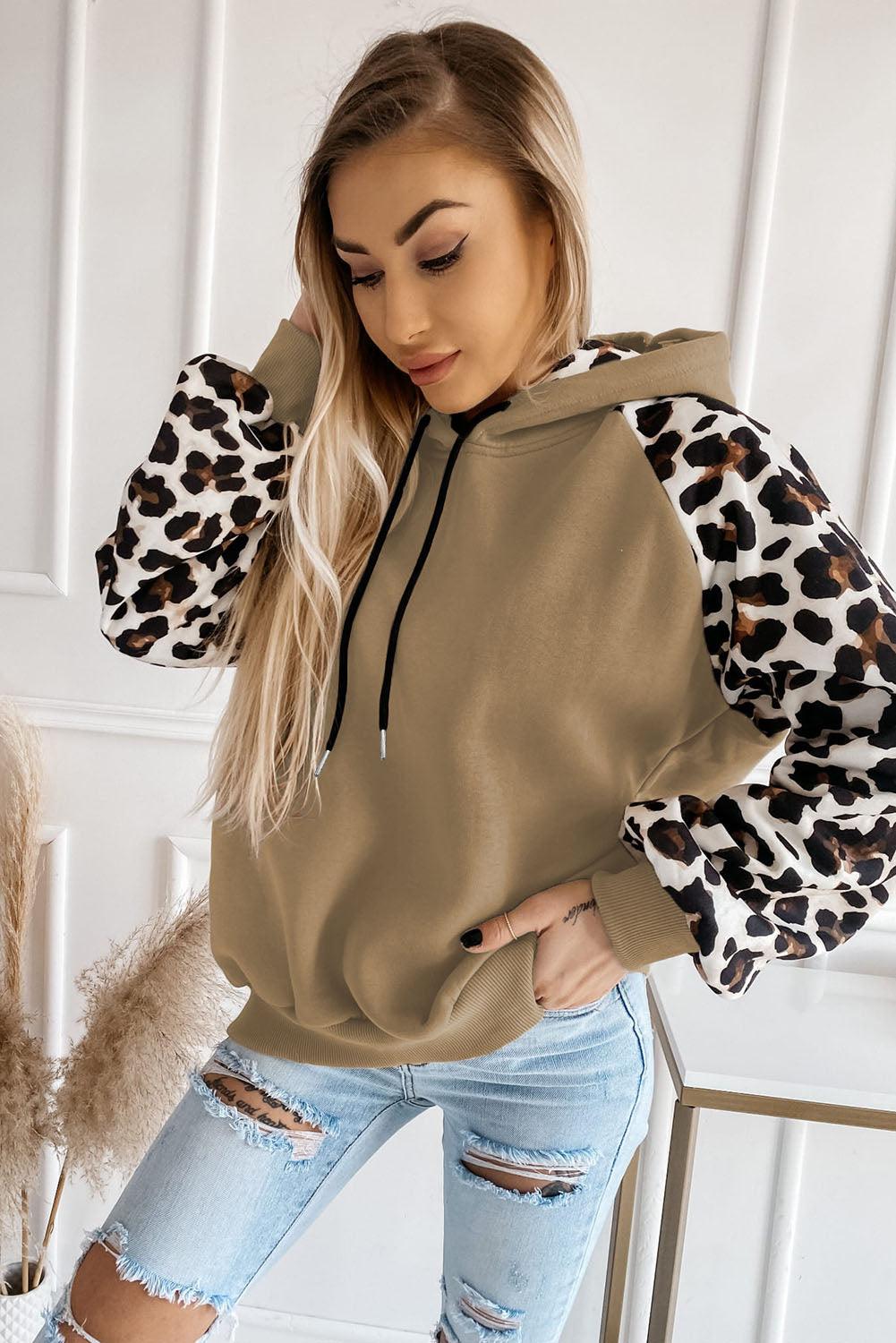 Khaki Leopard Bishop Sleeve Hooded Sweatshirt - L & M Kee, LLC