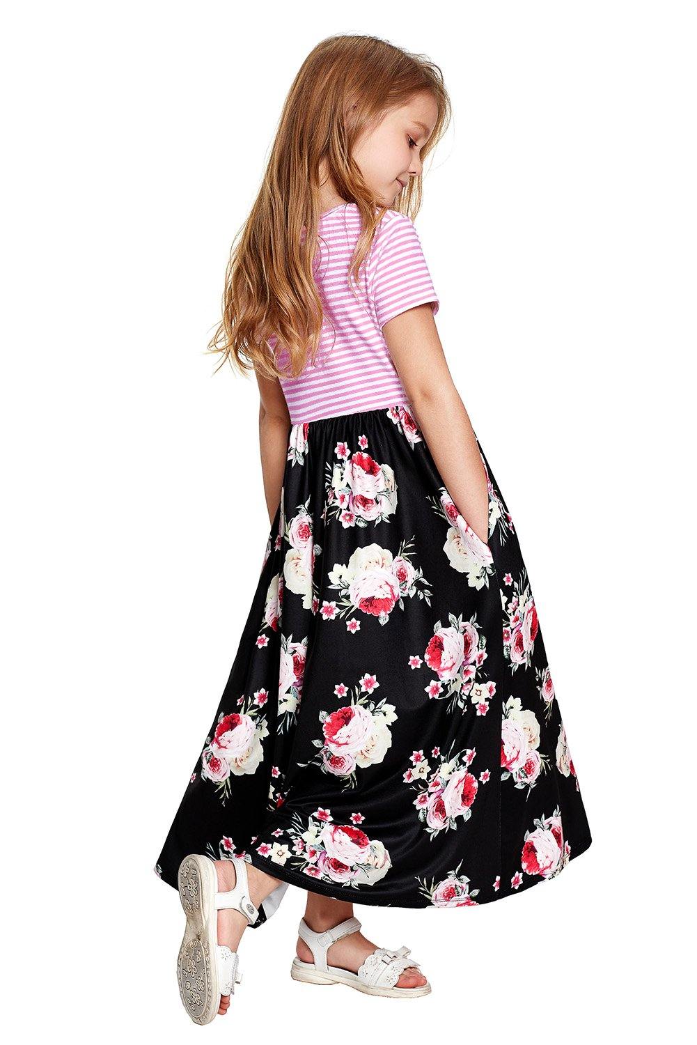 Striped Floral Print Little Girls Maxi Dress - L & M Kee, LLC