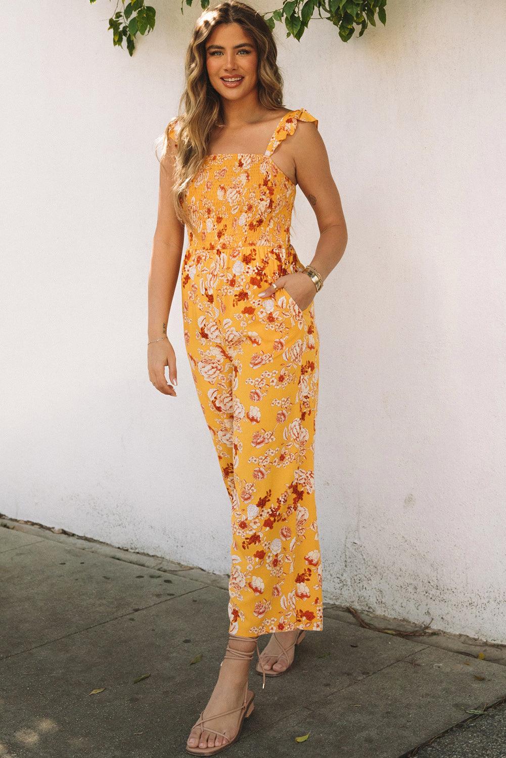 Floral Print Ruffle Shoulder Smocked Wide Leg Jumpsuit - L & M Kee, LLC