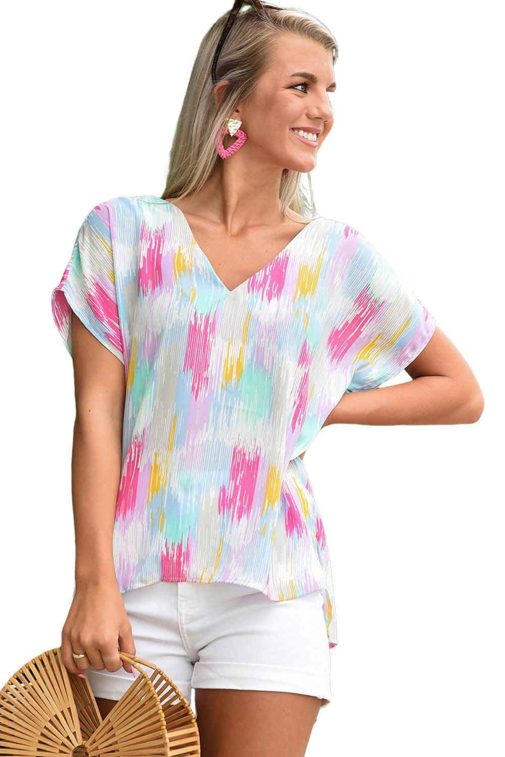 Multicolor Abstract Print V Neck Dolman Blouse - L & M Kee, LLC