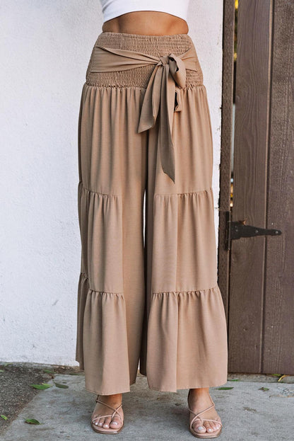 Khaki Lace up Smocked Waist Tiered Wide Leg Pants - L & M Kee, LLC