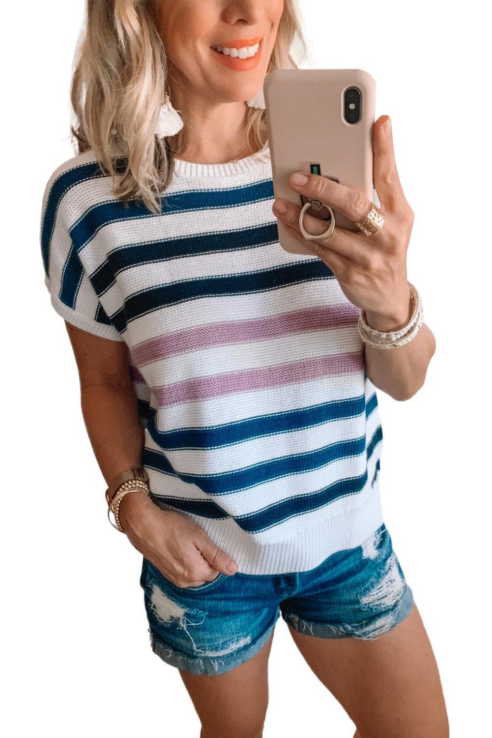 Short Sleeves Crew Neck Striped Knitted Top - L & M Kee, LLC