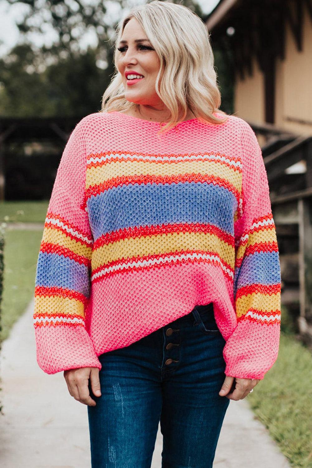Plus Size Stripe Oversized Sweater - L & M Kee, LLC