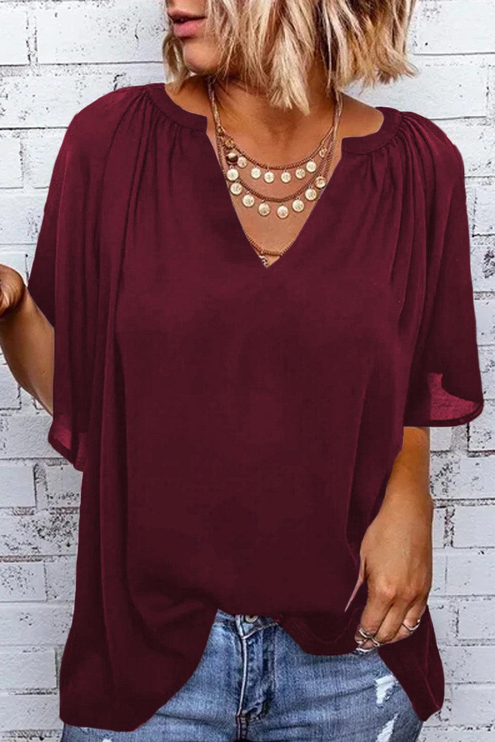 Split Neck Pleated Loose Top - L & M Kee, LLC