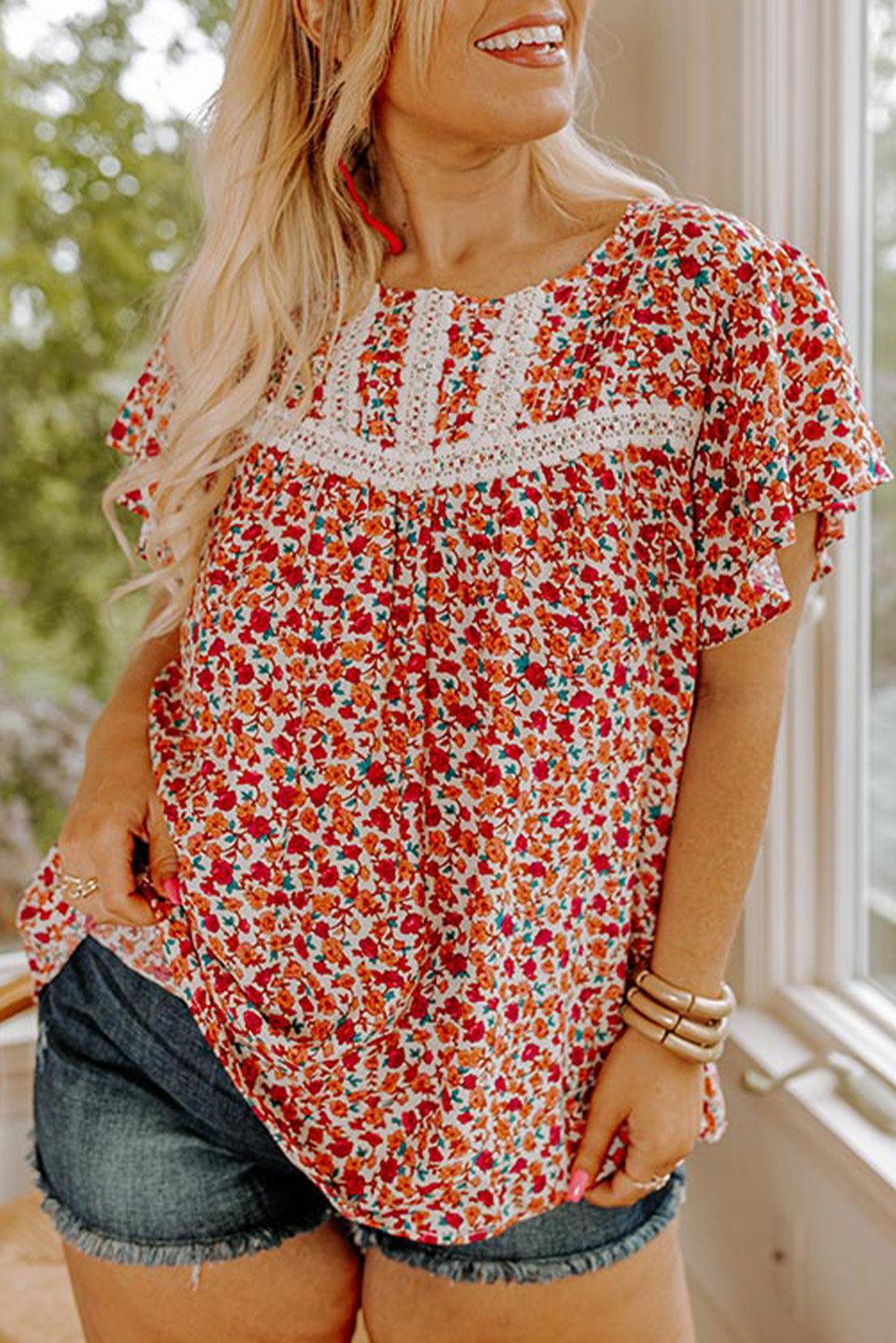 Floral Printed Lace Trim Plus Ruffle Sleeve Blouse - L & M Kee, LLC