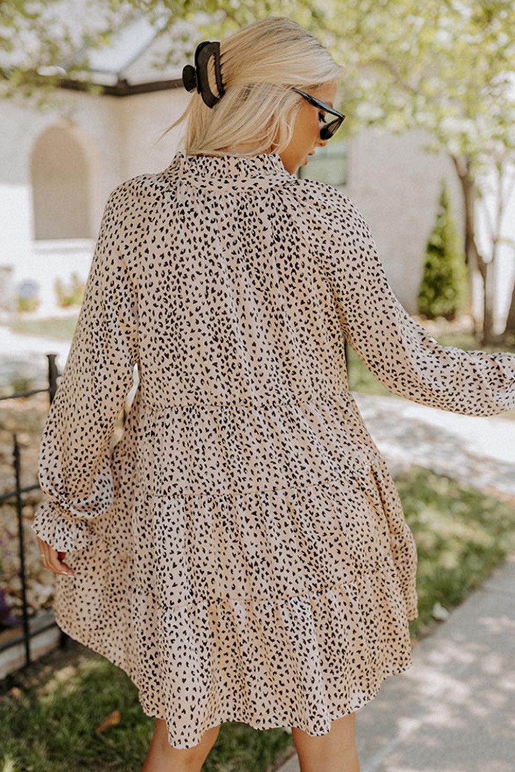 Khaki Leopard Print Ruffled V Neck Long Sleeve Mini Dress - L & M Kee, LLC