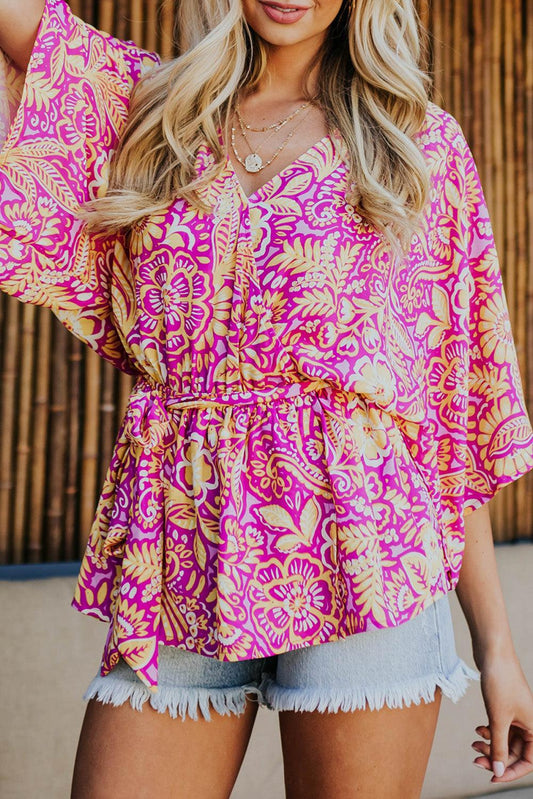 Boho Floral Print Belted Surplice Blouse - L & M Kee, LLC