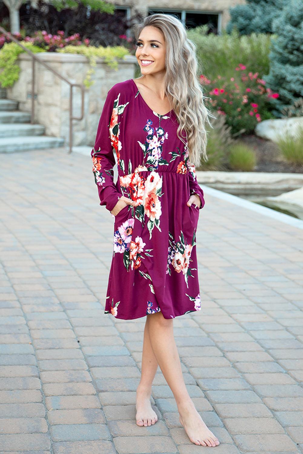 Long Sleeve High Waist Floral Dress - L & M Kee, LLC