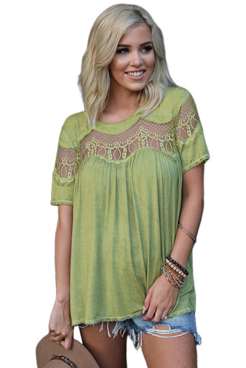 Mesh Lace Trim Short Sleeve Top - L & M Kee, LLC