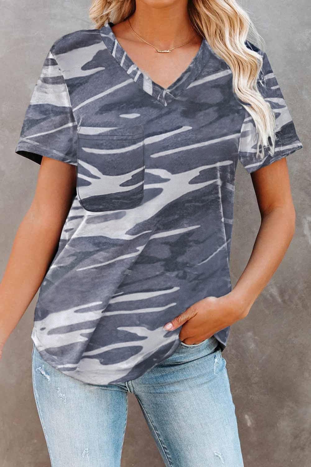 Camouflage Print V Neck Tee with Pocket - L & M Kee, LLC