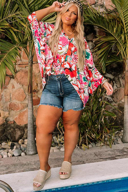 Plus Size Floral Print Kimono Sleeve Shirt - L & M Kee, LLC