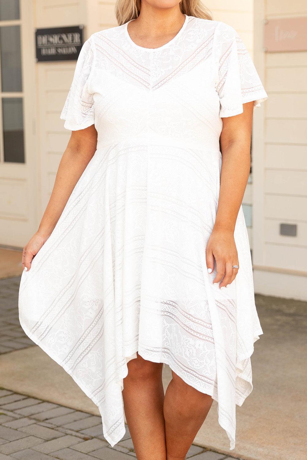 Plus Size Lace Striped Texture Handkerchief Hem Dress - L & M Kee, LLC