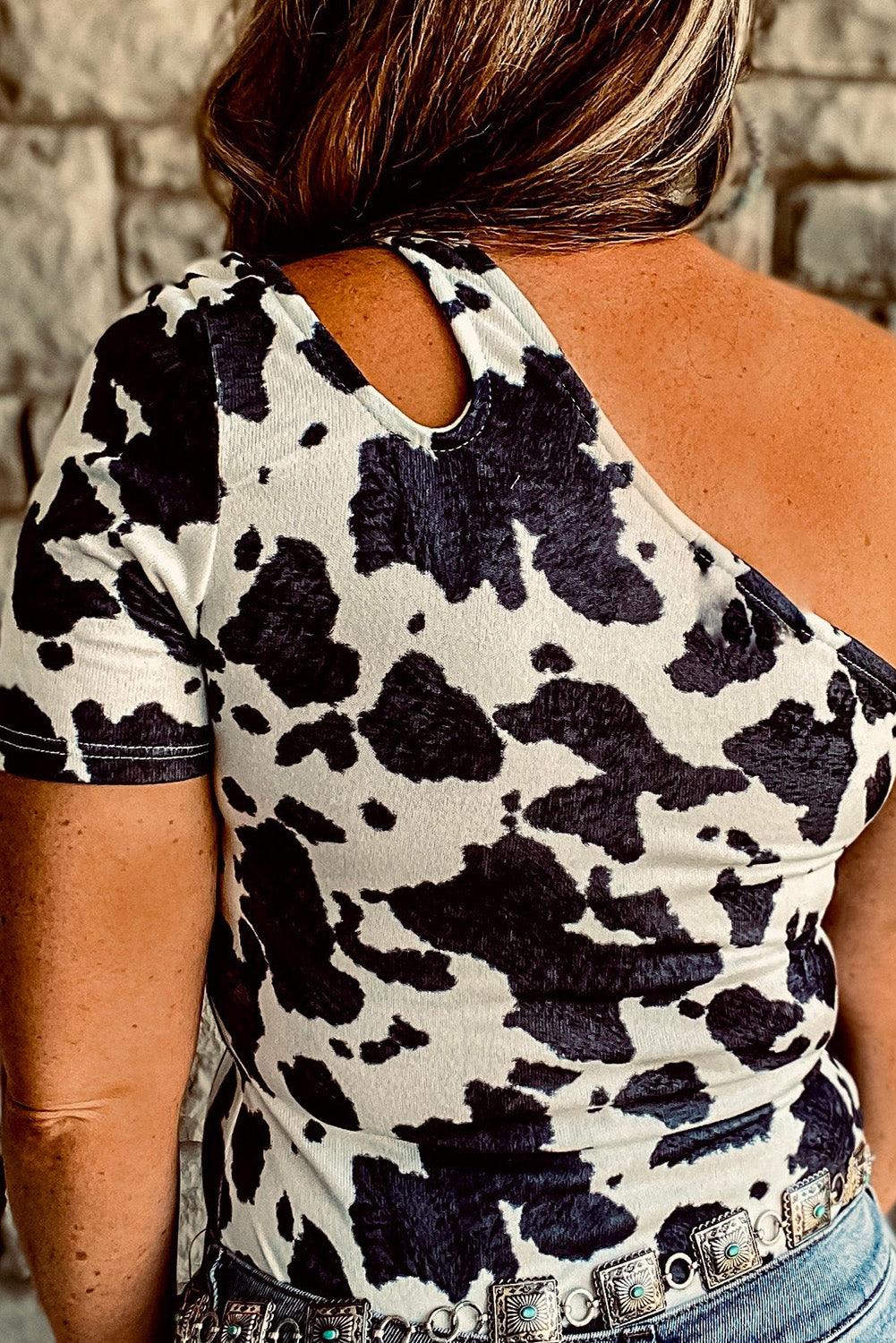 One Shoulder Cow Print Cut out Short Sleeve Top - L & M Kee, LLC