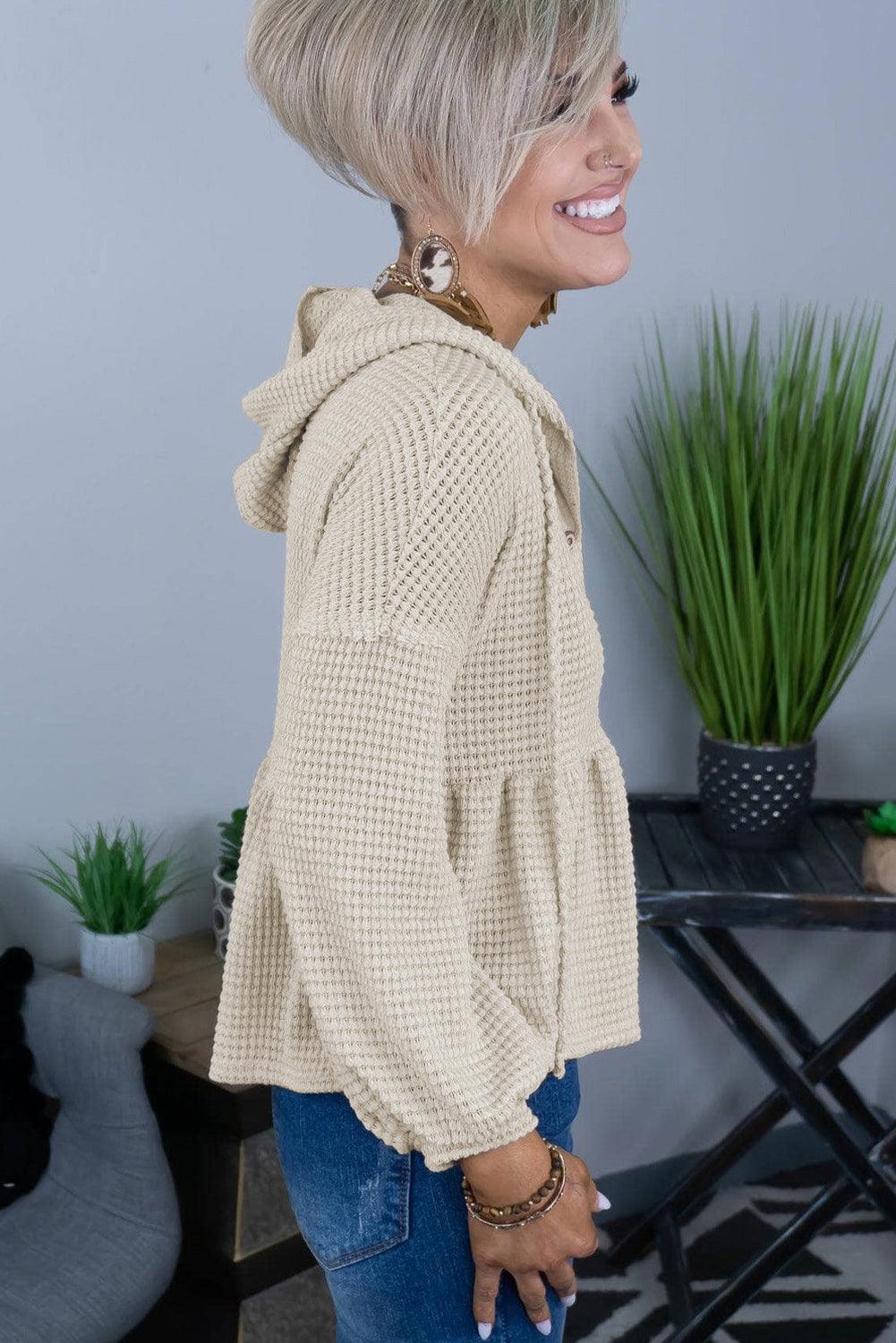 Waffle Knit Buttons Ruffled Hooded Top - L & M Kee, LLC