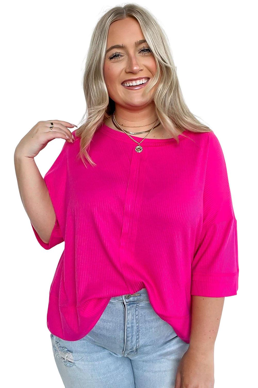 Plus Size Ribbed 3/4 Sleeves Flowy Top - L & M Kee, LLC