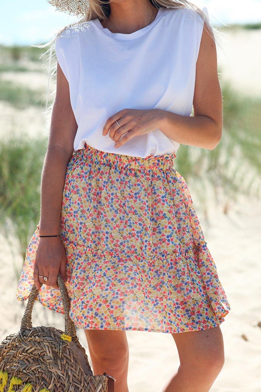 Floral Print Elastic Waist Skirt - L & M Kee, LLC